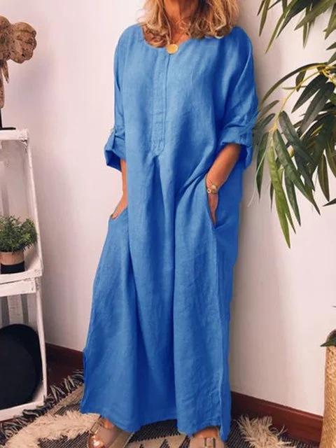 Abito Lungo Maxi da Donna Girocollo Manica Lunga Lino Cotone Casual Oversize Tunichetta con Tasche Laterali Colore Unico Abito Lungo per Vacanze Primaverili