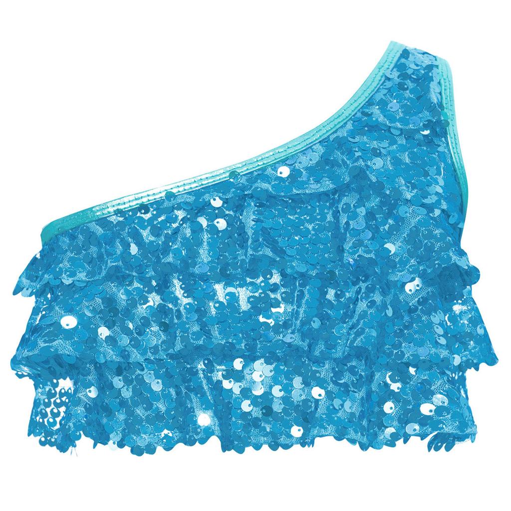 Girls Dance Top Shiny Sequins Tiered Ruffles Sleeveless Crop Top Metallic One Shoulder Vest