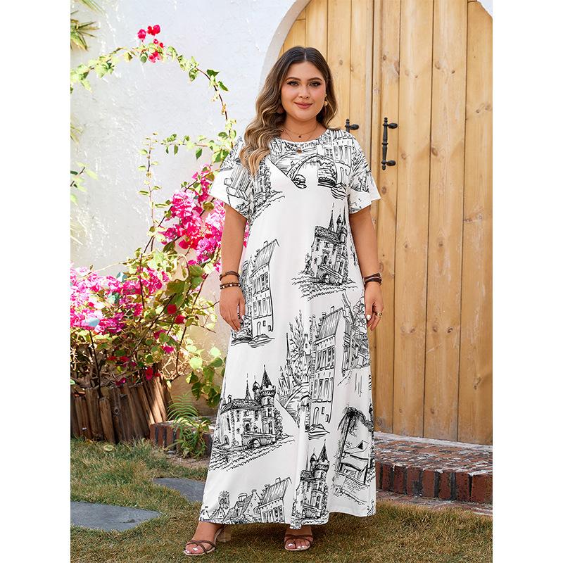 Summer Women's Plus Size Dress Loose Printed Long Dresses Short Sleeve Dresses