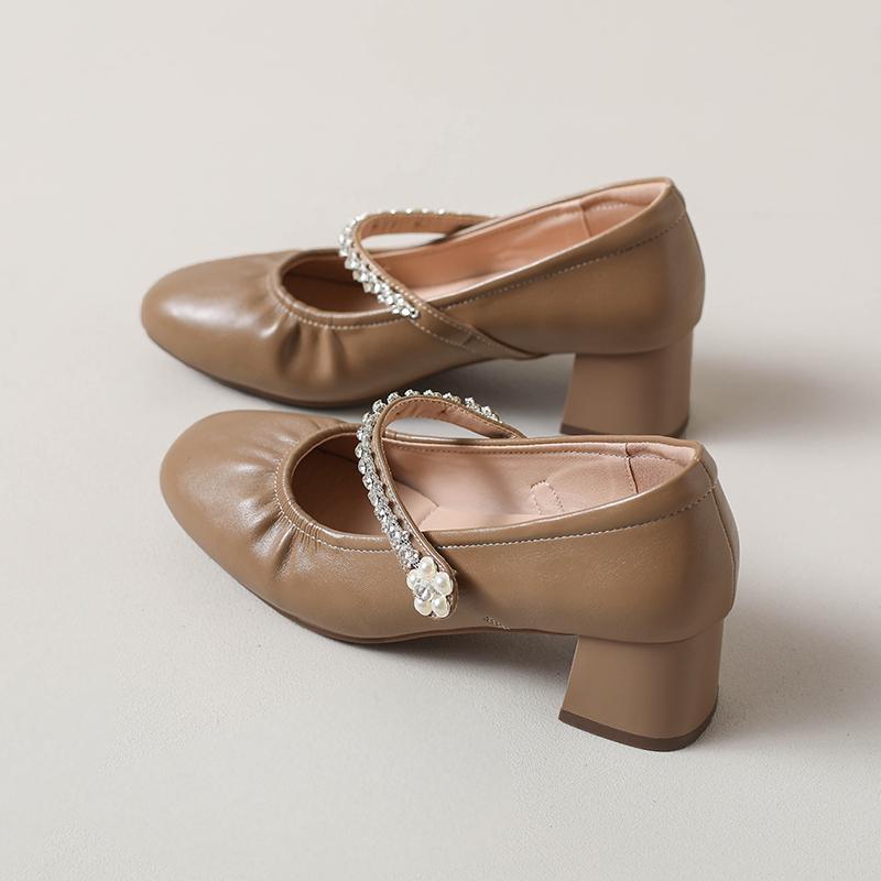 Fashion Rhinestone Strap Anti-Slip Wear-Resistant Block Heel Single Shoes Women's Fashion Round Toe Shallow Heels
