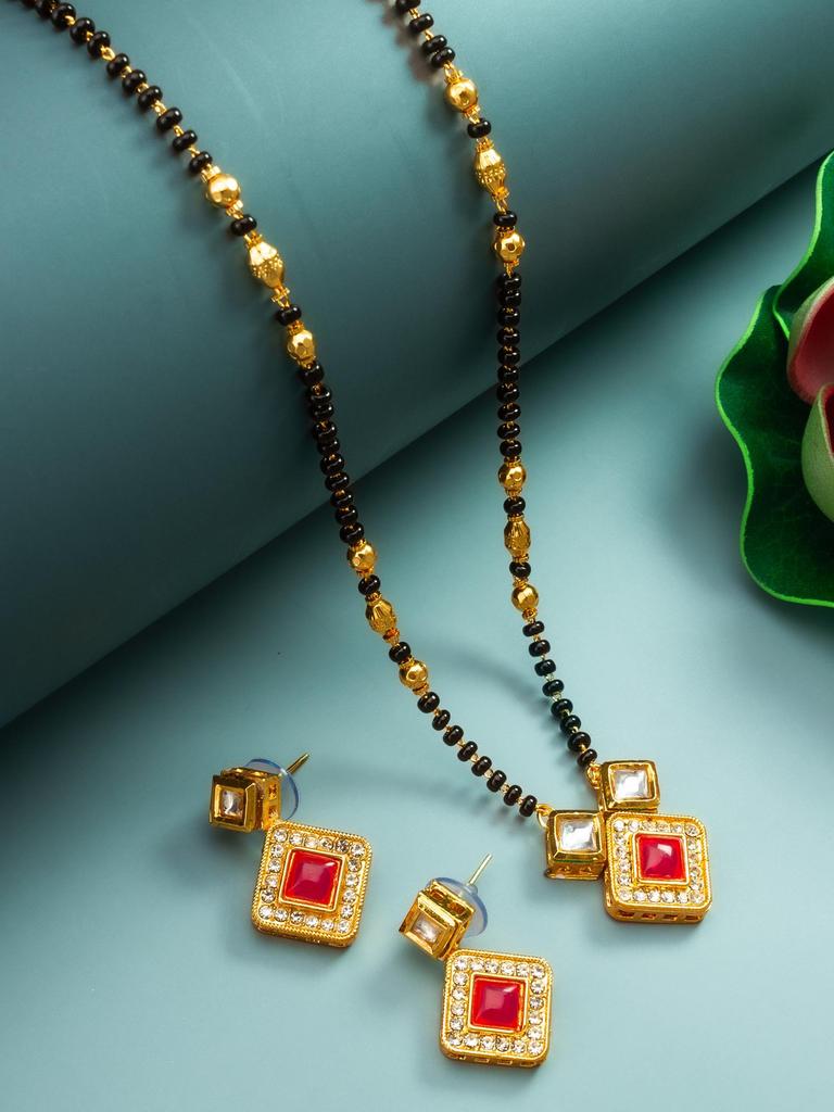 Gold-Plated Pink Stone-Studded & Beaded Handcrafted Mangalsutra Set