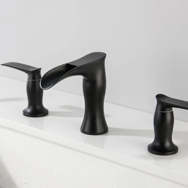 Black Waterfall Basin Faucet Double Handle Three Holes Bathroom Mixer Taps Crane Widespread Bathroom Deck Mounted Sink Tap