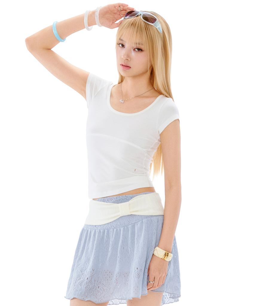 Poeoling Ribbon Banding Midi Skirt (Sky Blue)