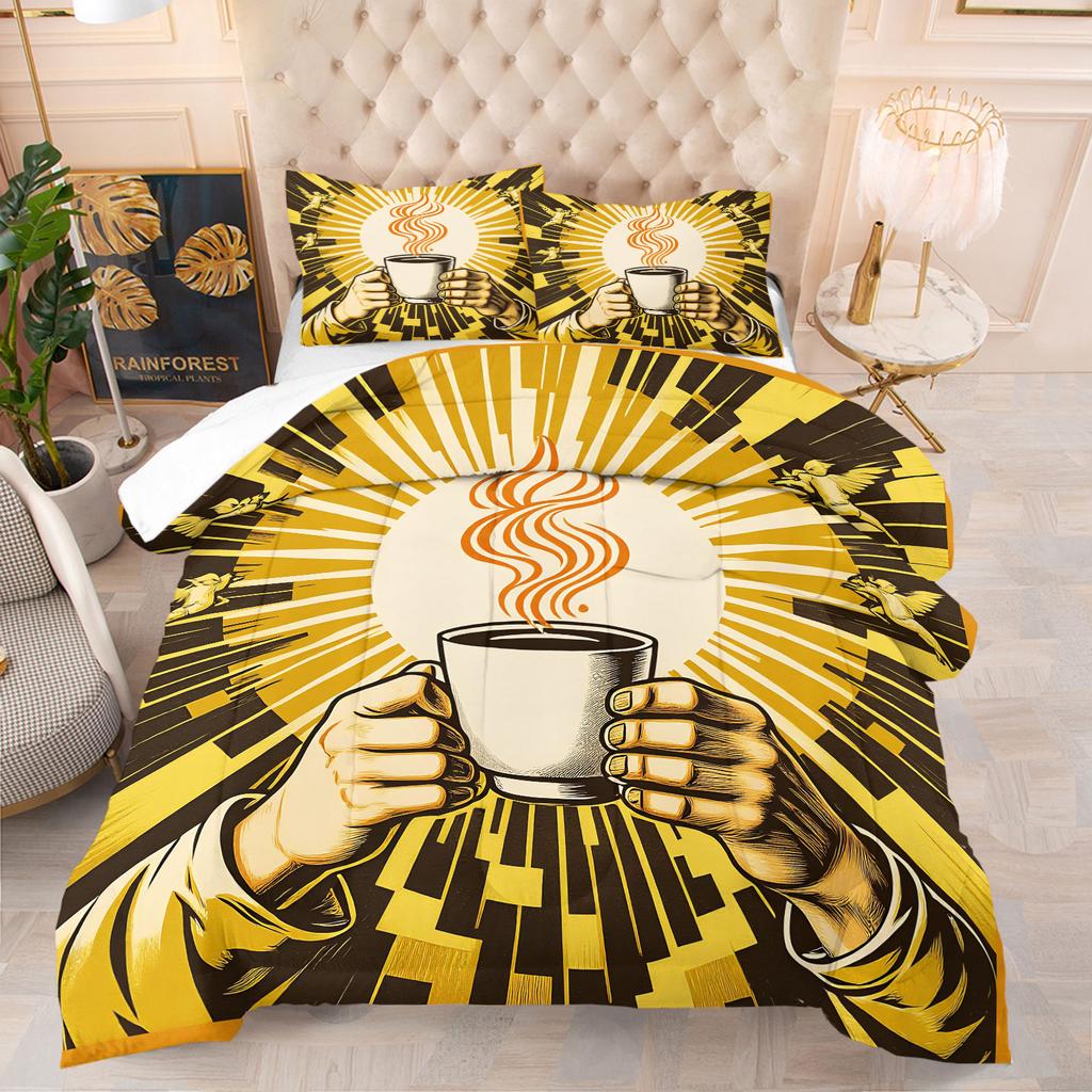 Unique Sacred Coffee Comforter Set Golden Sunburst Angel Hands Holding Coffee Cup Print Quilt Set Retro Bedding Set Home Decor