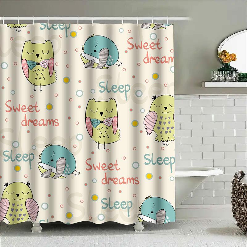 

Colorful Owl Friends Shower Curtain Sweet Dreams Sleep Decor for Bathroom Polyester Fabric with Hooks Set 72x84in Modern Cartoon 90x180cm