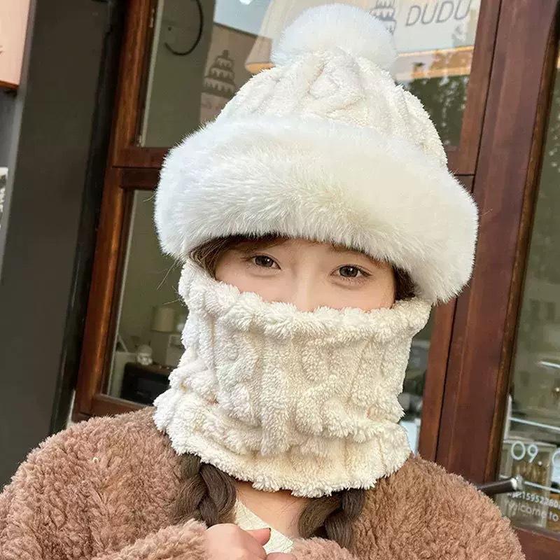 **Stor Hovedstørrelse Integreret Hue Kvinder Efterår Vinter Fleece Fortykket Ansigtsdækning Strikket Hue Halsedisse Maske Varm Pullover Balaclava**