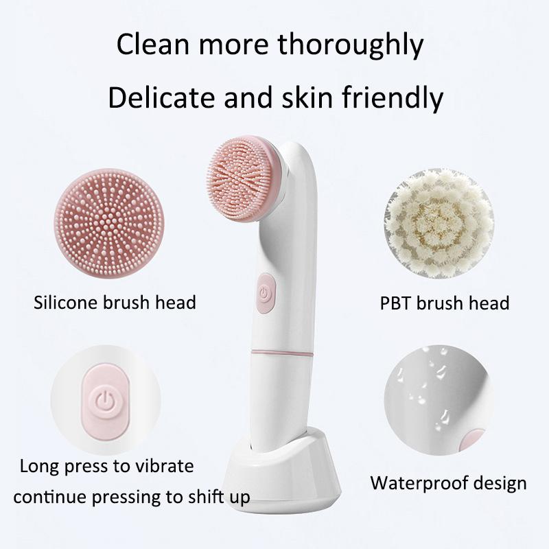 Electric Silicone Face Cleansing Brush Waterproof 2 In 1 Double Head, Sonic Vibration Facial Pore Cleaner Skincare Beauty Tool