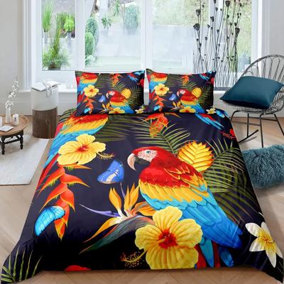 Parure de lit King Size avec motif perroquet, housse de couette colorée, motif oiseaux mignons, motif fleurs tropicales, housse de couette en polyester
