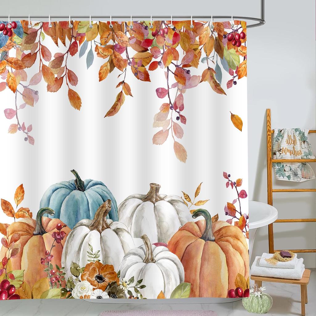 Thanksgiving Shower Curtain,Cartoon Turkey And Autumn Leaves Shower Curtain For Bathroom Decor Polyester Waterproof Bath Curtain