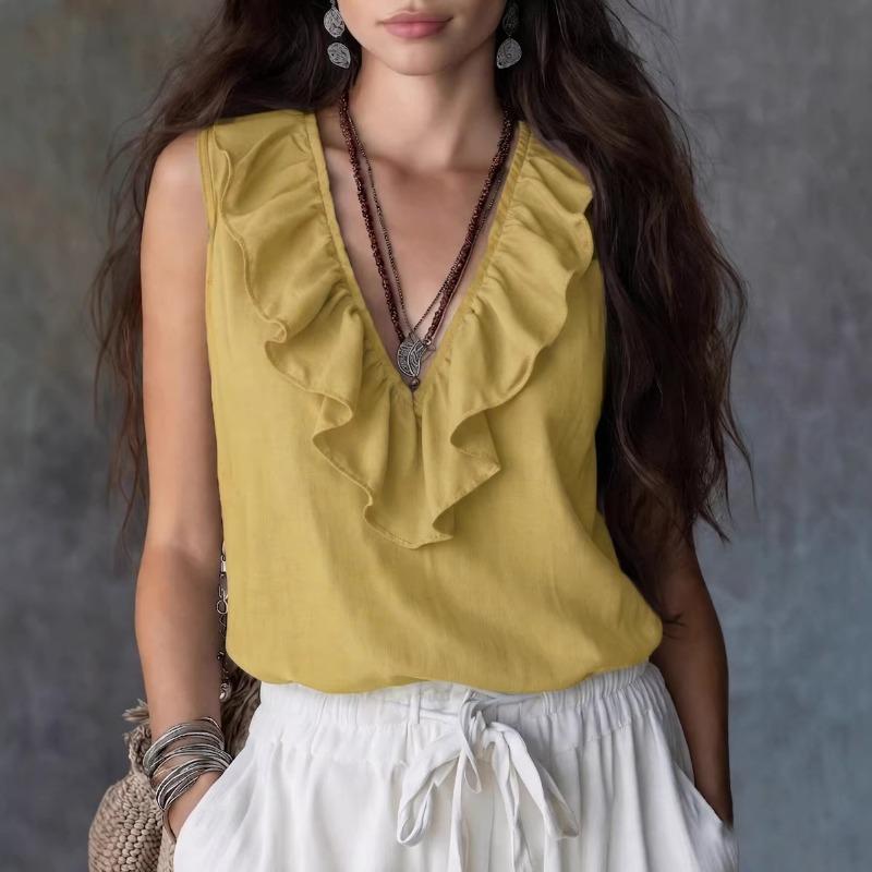 Women V neck ruffle sleeveless tank top solid pink loose boho casual camisole