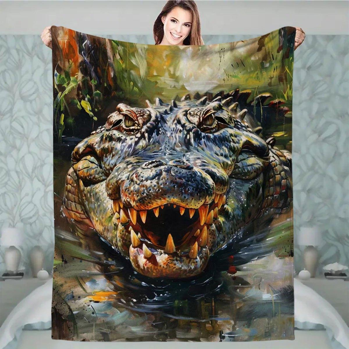 

Realistic pattern of crocodile Flannel printed blanket suitable for all seasons suitable for living room office sofa and travel 75x90cm