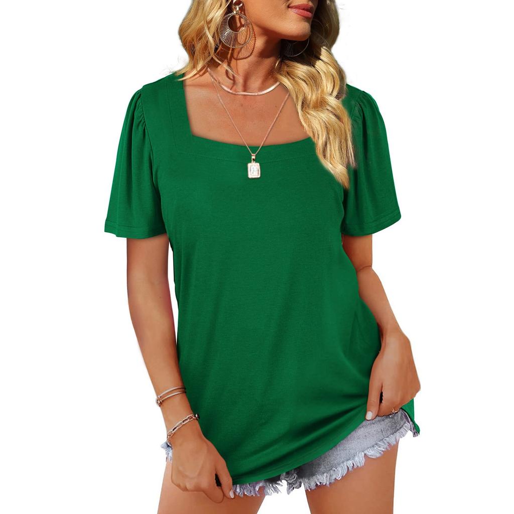 Women's Fashion Casual Square Neck Short Sleeve Solid Color Tops Blouse