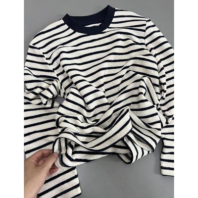 Women's Loose Korean-Style Striped Cotton Sweatshirt, 2024 Autumn Fashion