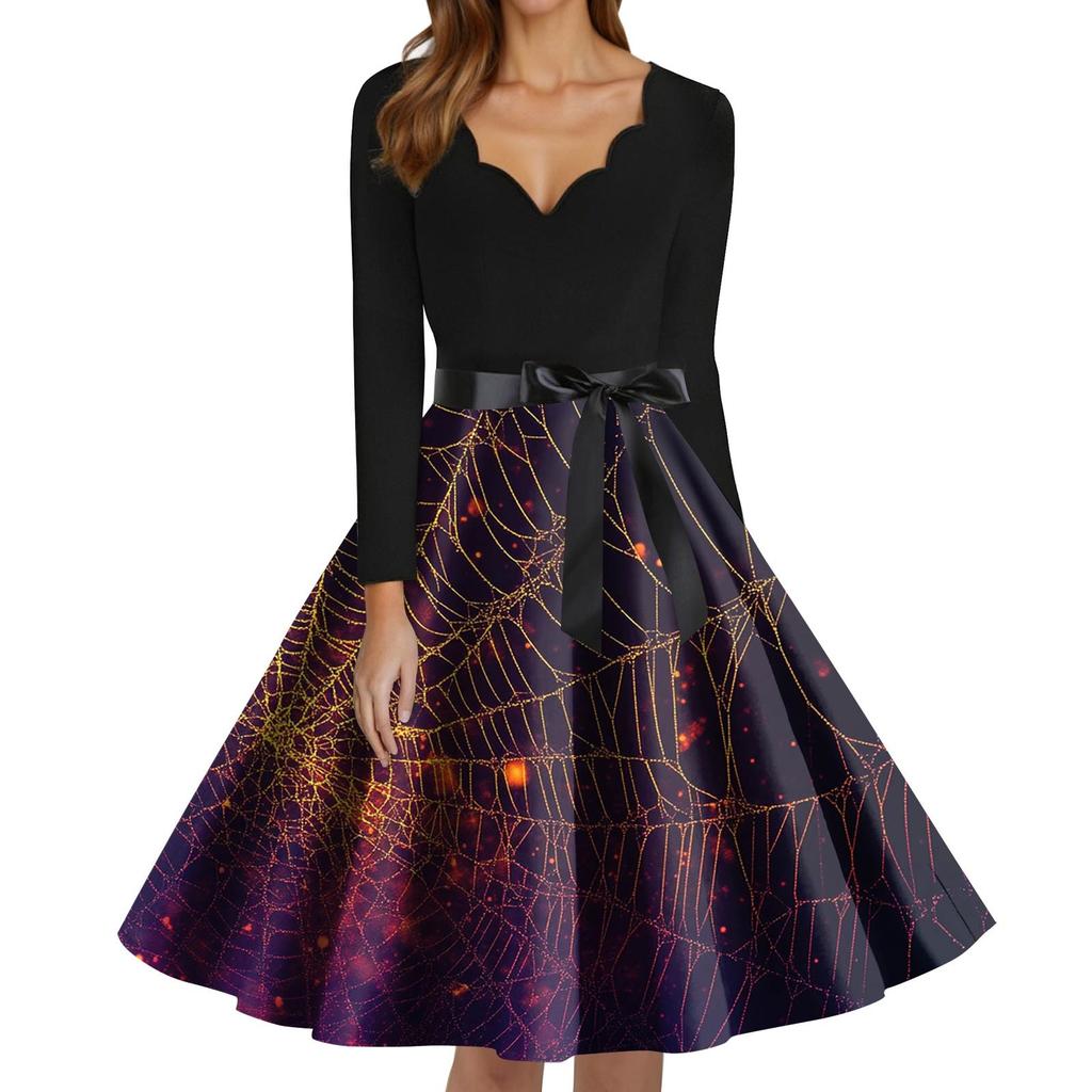 Dámské módní šaty s V-výstřihem, ležérního střihu, slim fit, s halloweenským potiskem, s dlouhým rukávem