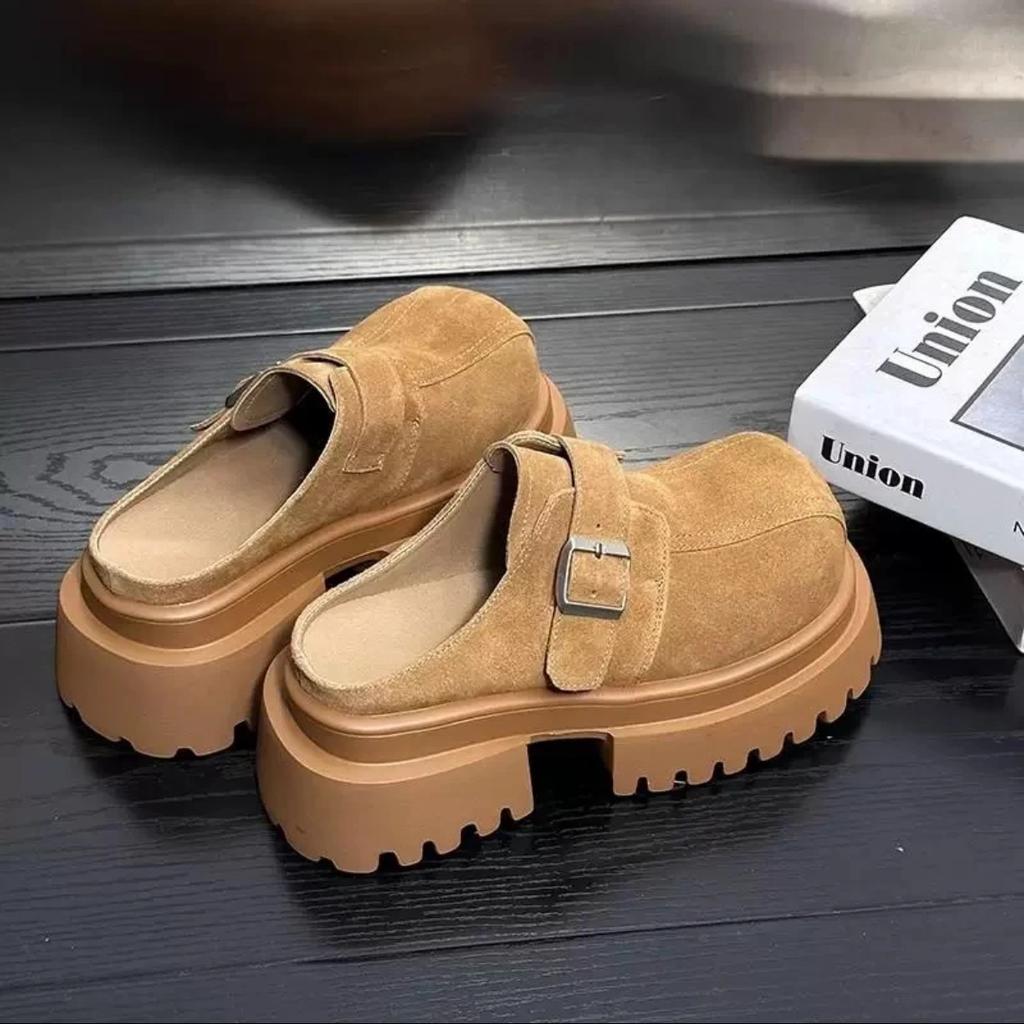 Papuci mat cu cap mare, cu talpă groasă, îmbrăcăminte pentru femei, cizme de zăpadă retro versatile, geantă pentru creșterea în înălțime pentru bărbați mici, pantofi de bumbac jumătate-papuci