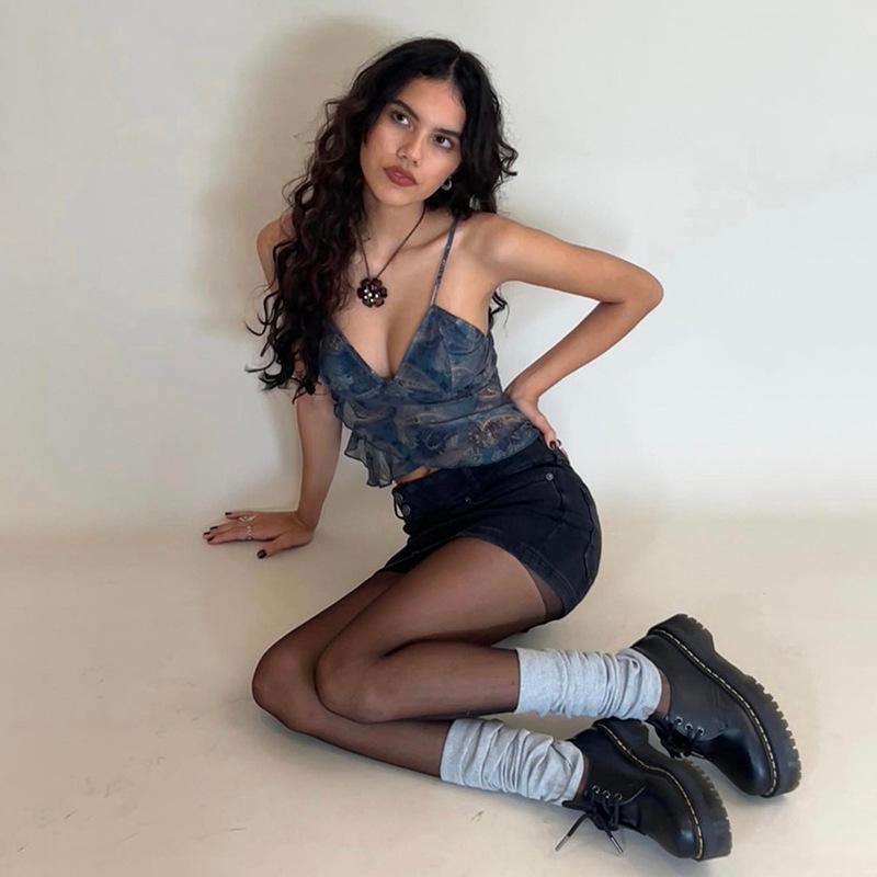 Netz durchsichtig bedruckte Weste Damen Sexy Lässig V-Ausschnitt Ärmellos Träger Camisole Patchwork Tanktop Streetwear