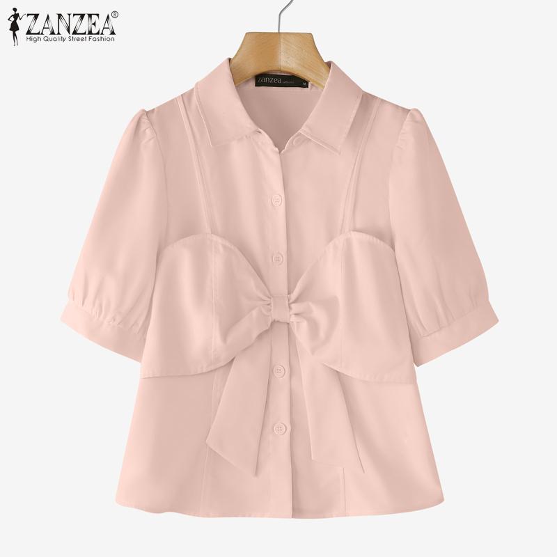 ZANZEA Women Turn Down Collar Summer Short Sleeve Blouse