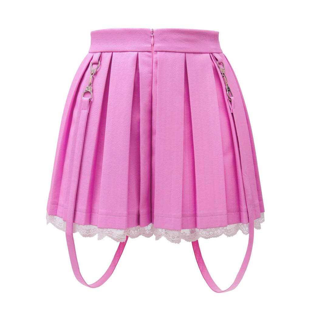 LittleForBig Women's Troublemaker A-Line Pleated Skirt with Lace Hem and Suspenders, Imitation Leather Mini Skirt, Pink, Size 4XL
