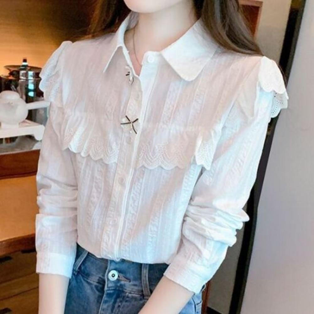 Navava Women Lovely Lace Point Ribbon Long Sleeve Shirt Nb3063