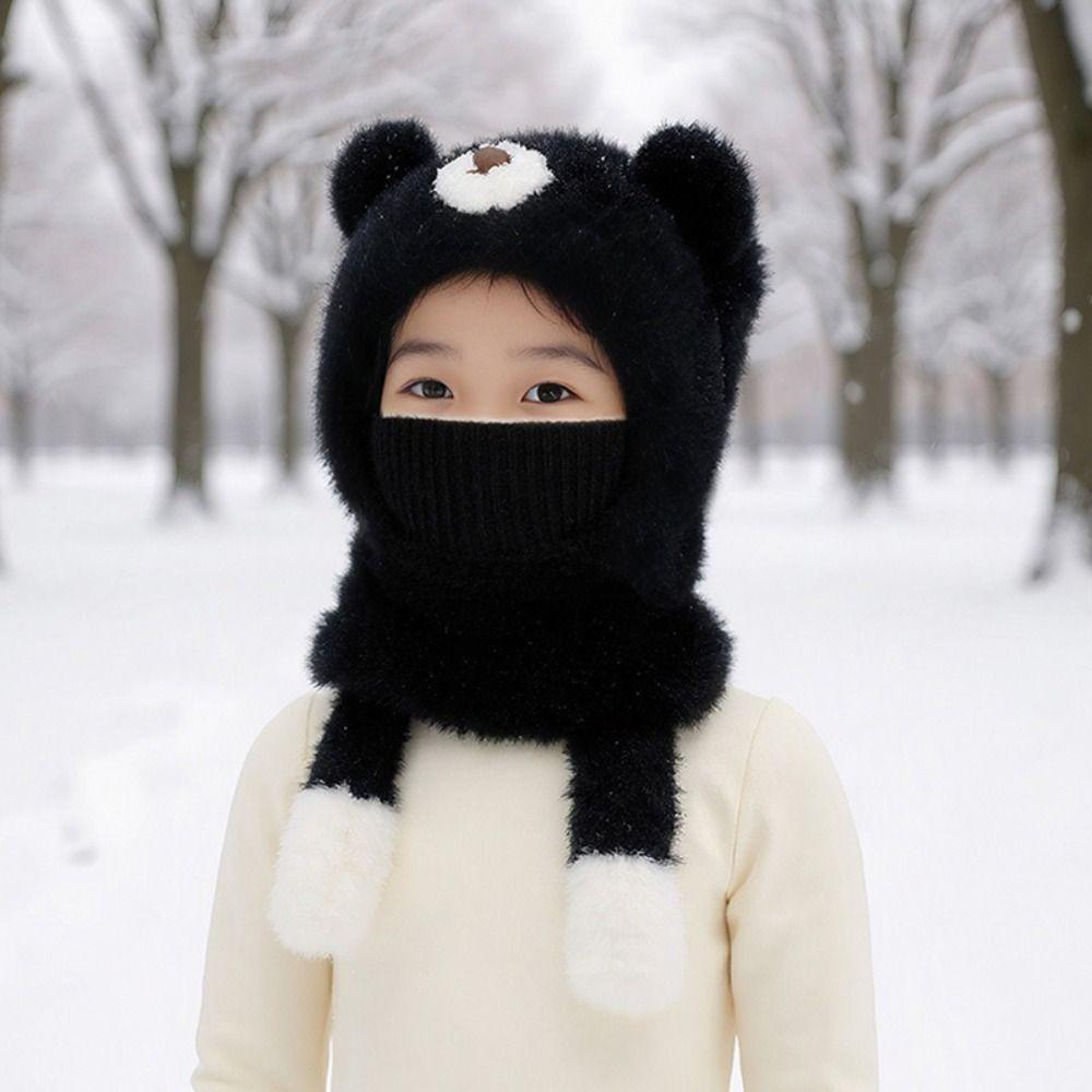 Cute Children's Balaclava Hat Thick Warm Integrated Ear Protection Warm Knitted Cap Windproof Face Guard Hat Winter Season