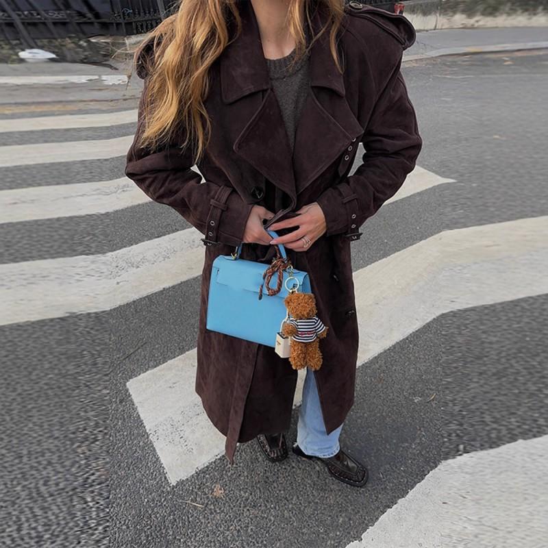 Womens Long Brown Suede Coat Oversized Casual Trench Winter Stylish Loose Fit