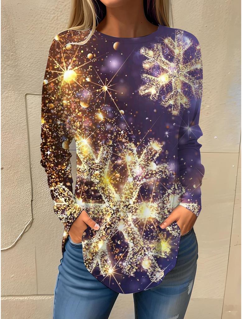 Weihnachtsthema Schneeflocke 3D-Druck O-Ausschnitt Langarm T-Shirt Mode Damenkleidung Casual Y2K Kleidung Harajuku Damenkleidung