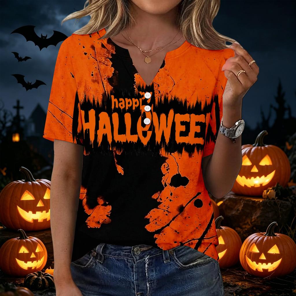Women's Casual Halloween Print V Neck Button Front Three Quarter Sleeve T Shirt Top Lightweight Soft Fabric Comfortable Fit