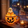 Halloween Bedside Light Ghost Reading Book Lamp, Stained Glass Style Night Light, Resin Spooky Pumpkin Mug Lamp for Bedroom, Living Room, Party,