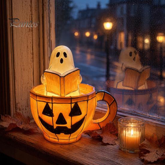 Halloween Bedside Light Ghost Reading Book Lamp, Stained Glass Style Night Light, Resin Spooky Pumpkin Mug Lamp for Bedroom, Living Room, Party,