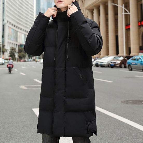 Winter Down Coat Hooded Thickened Solid Color Padded Cardigan Keep Warm Midi Length Zip Up Plus Size Men Winter Coat for Daily Wear