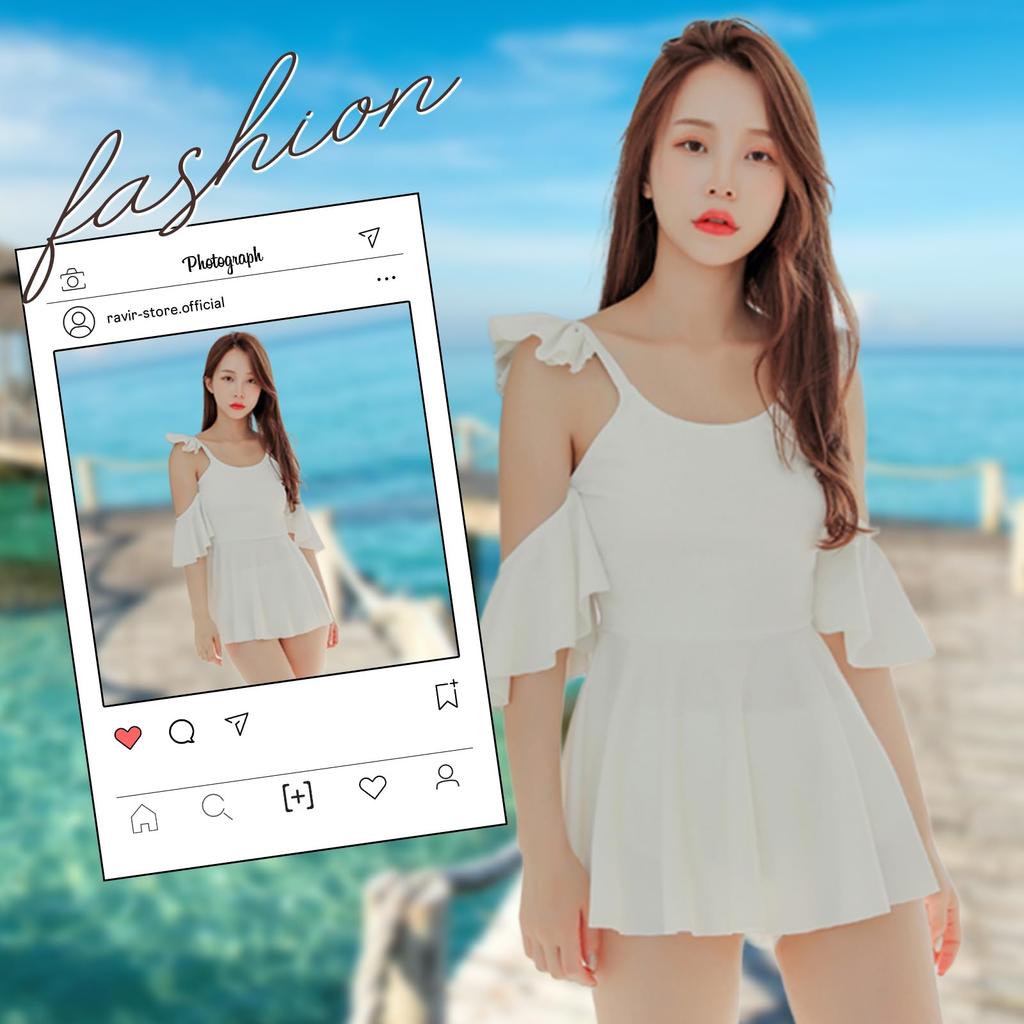 Swimsuit with High L Size [RAVIR] Women's One-Piece Shorts, 2-Piece Set, Waist, Ruffled, Cami, White,