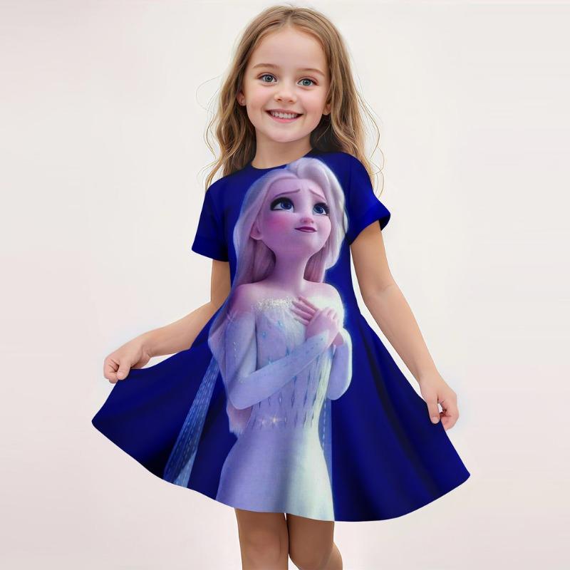 Disney Summer Hot Girl Short Sleeved Skirt Ice and Snow Romance Print 3D Printed Cartoon Pattern Elsa Princess Skirt