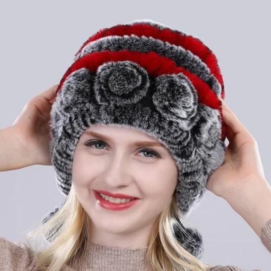 Hot Sale Winter Women Flowers Striped Natural Real Rex Rabbit Fur Hats Lady Warm Knit Genuine Fur Caps Russian Outdoor Fur Hats