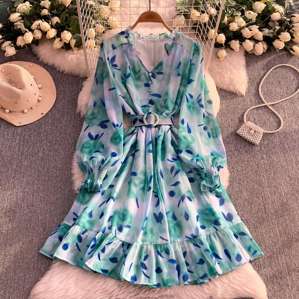 French pure desire V-neck long-sleeved dress women's autumn strap waist thin beautiful chiffon printed lotus leaf edge skirt