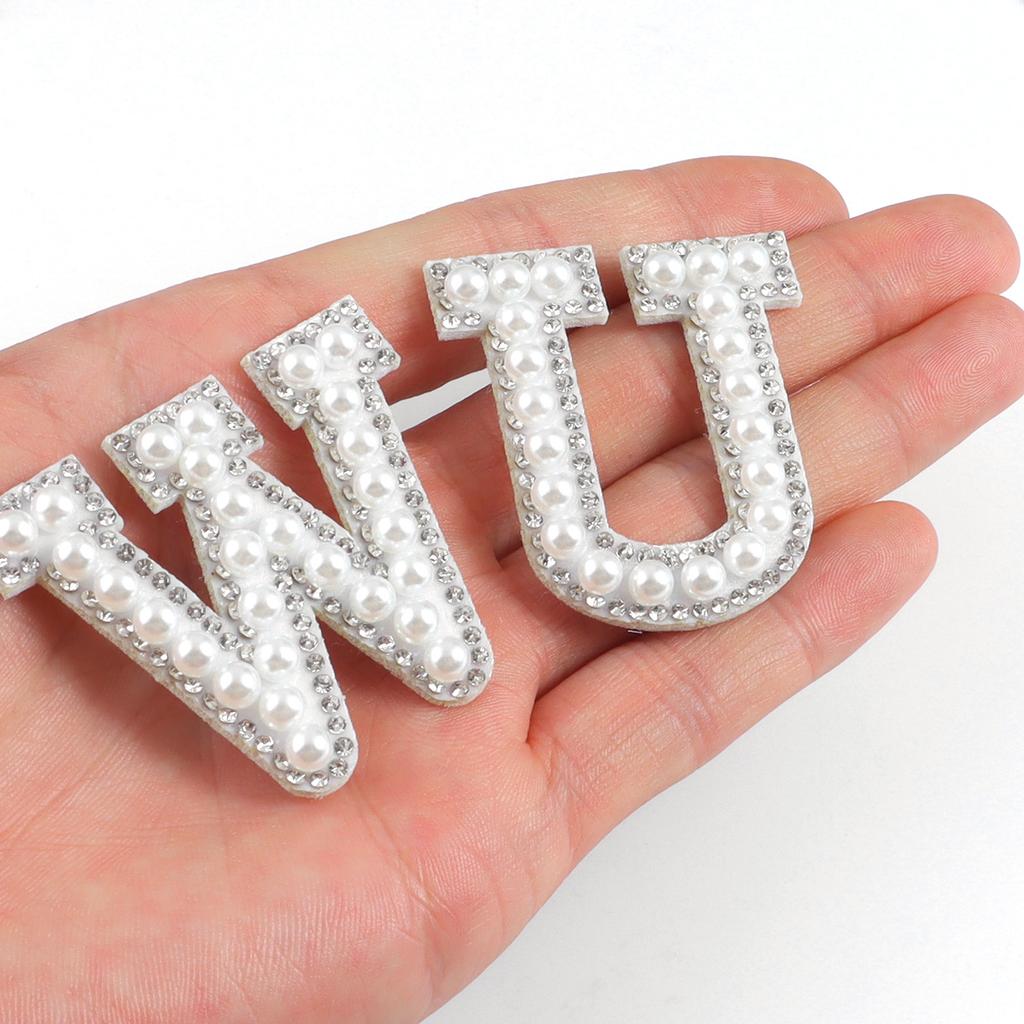 26pcs A-Z Glitter Pearls Rhinestone Letter Patches Repair Embroidered Sew On Appliques, Patches for DIY Clothes Bags Hats