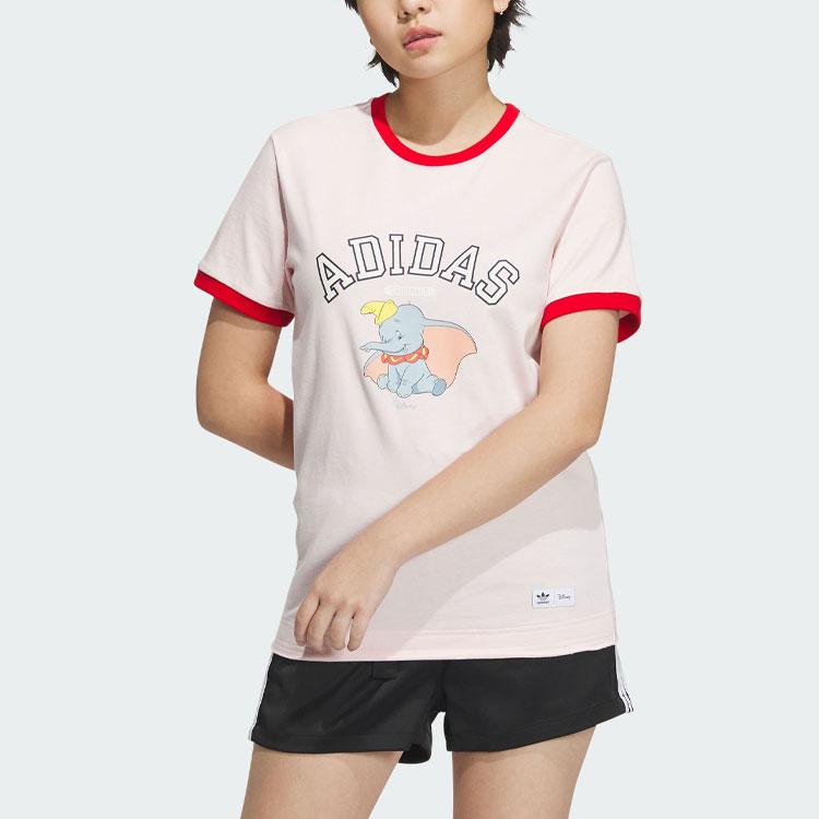 Adidas Originals Disney Dumbo Logo Print Straight Cut Patchwork Short Sleeve T-Shirt Women Tops Pink IN1064