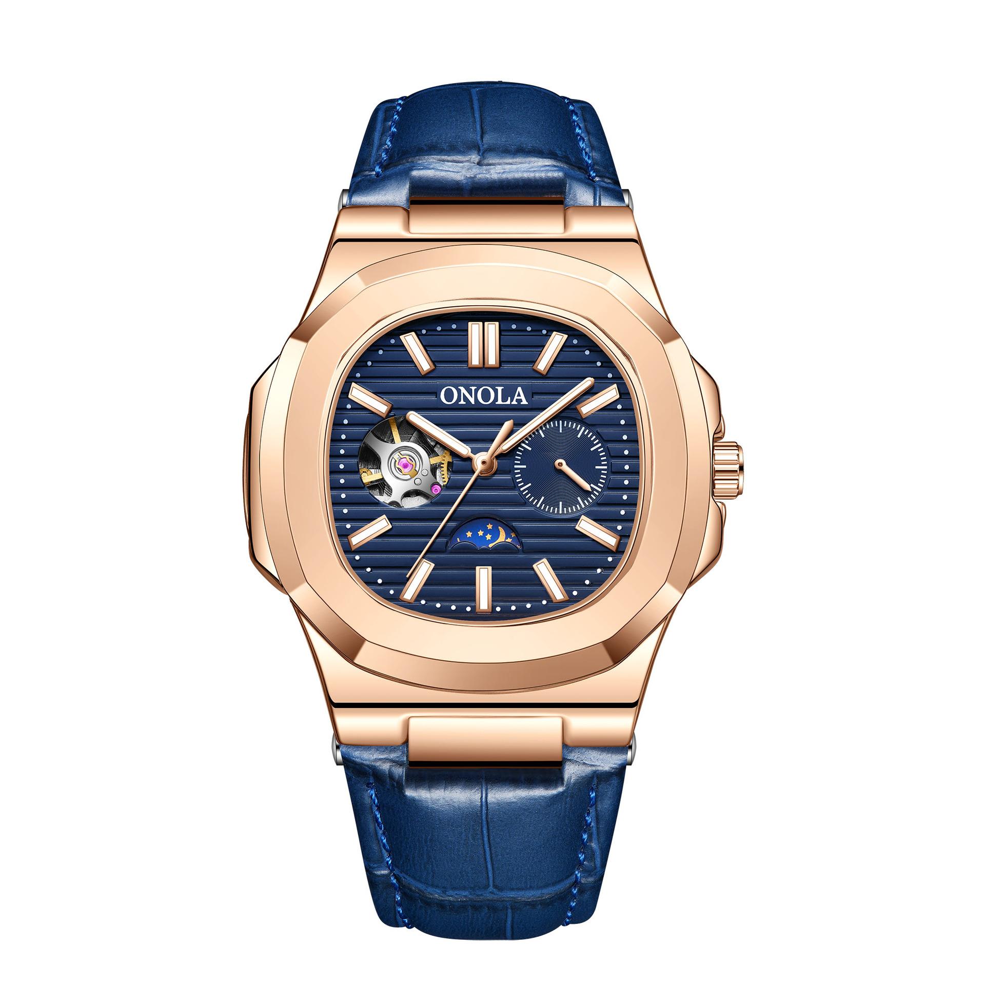 

Мужские наручные часы Business Hollow Moon Phase Flywheel Automatic Mechanical Watch Luminous Waterproof Leather Watch Men s Clock ярко-розовый/синий