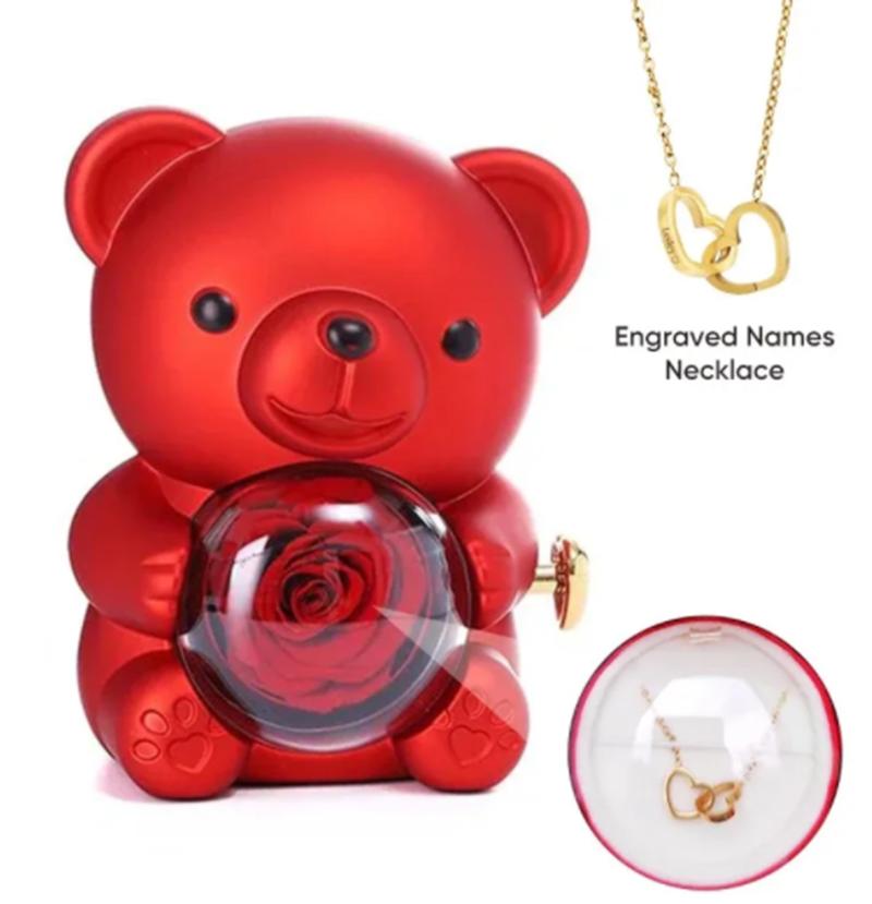 Eternal Rose Teddy Bear Jewelry Box with Custom Name Necklace Valentine Wedding Special Present for Girlfriend Anniversary gift cm