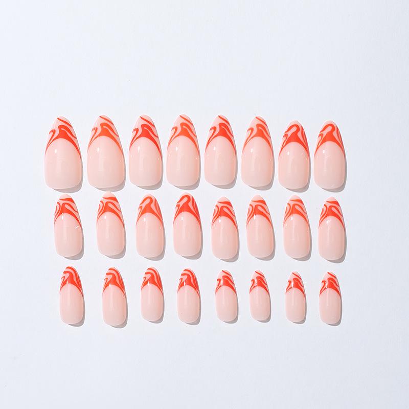 

Геометрические миндалевидные накладные ногти с волнообразным линейным дизайном - Французский стиль