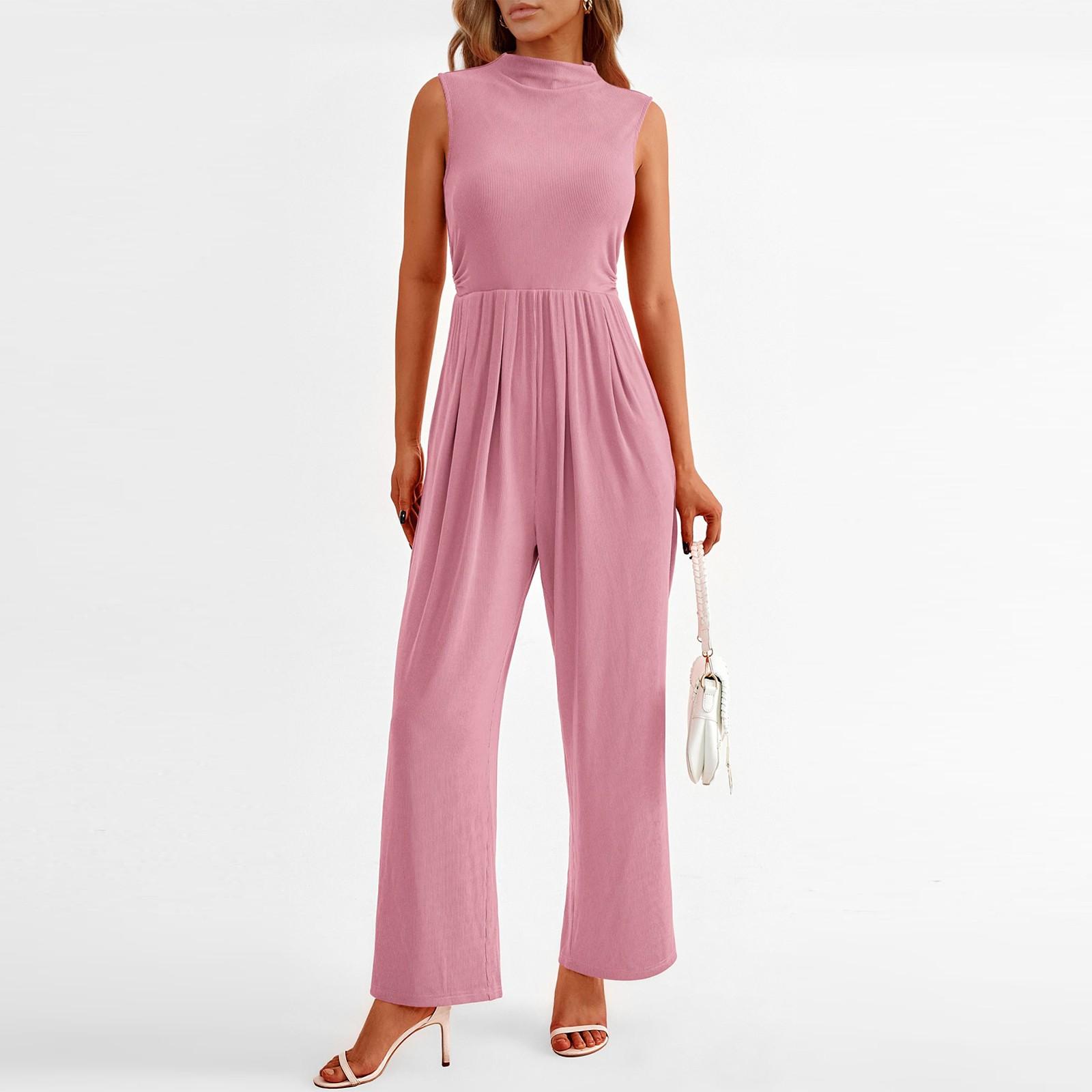 

Женский летний модный однотонный комбинезон с широкими штанинами и высоким воротом L розовый