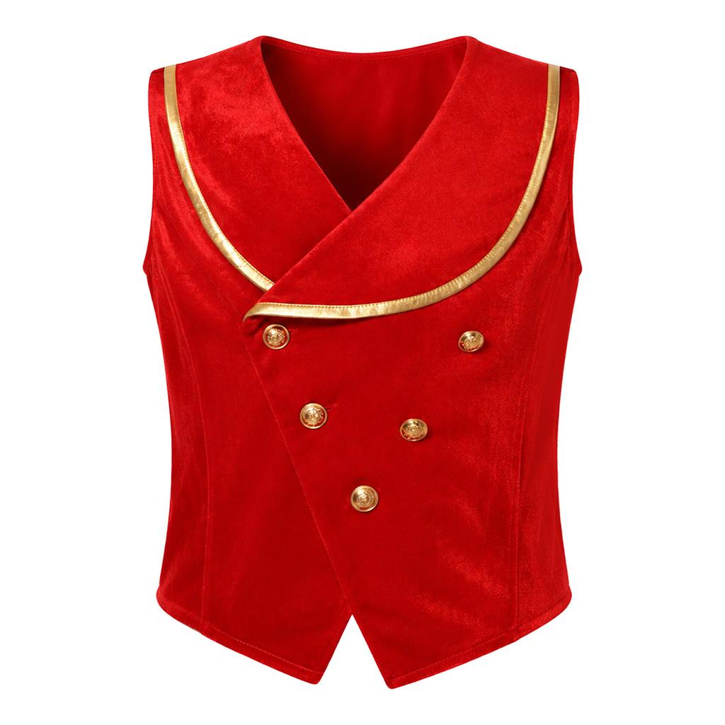 Boys Gothic Medieval Velvet Waistcoat Metallic Trim Lapel Collar Sleeveless Button Irregular Hem for Halloween Stage Theme Party