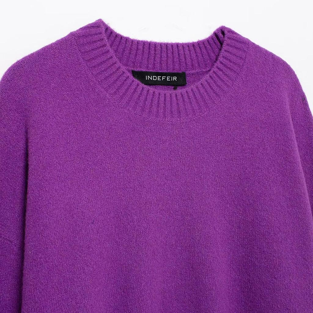 Women's European & American Style Round Neck Solid Color Soft Long Sleeve Knitted Sweater