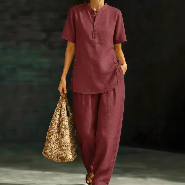 Women's Light Blue Short Sleeve Button Front Top and Wide Leg Pants Set