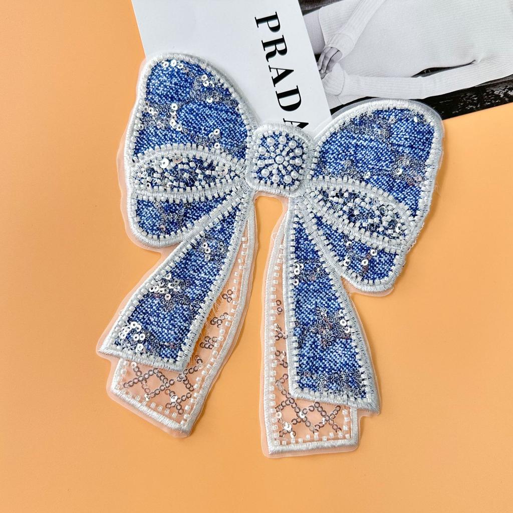 Denim Blue Heavy Industry Handmade Beads Bow Decorative Patch Sticker Bag Hair Accessories Corsage Cloth Sticker Accessories