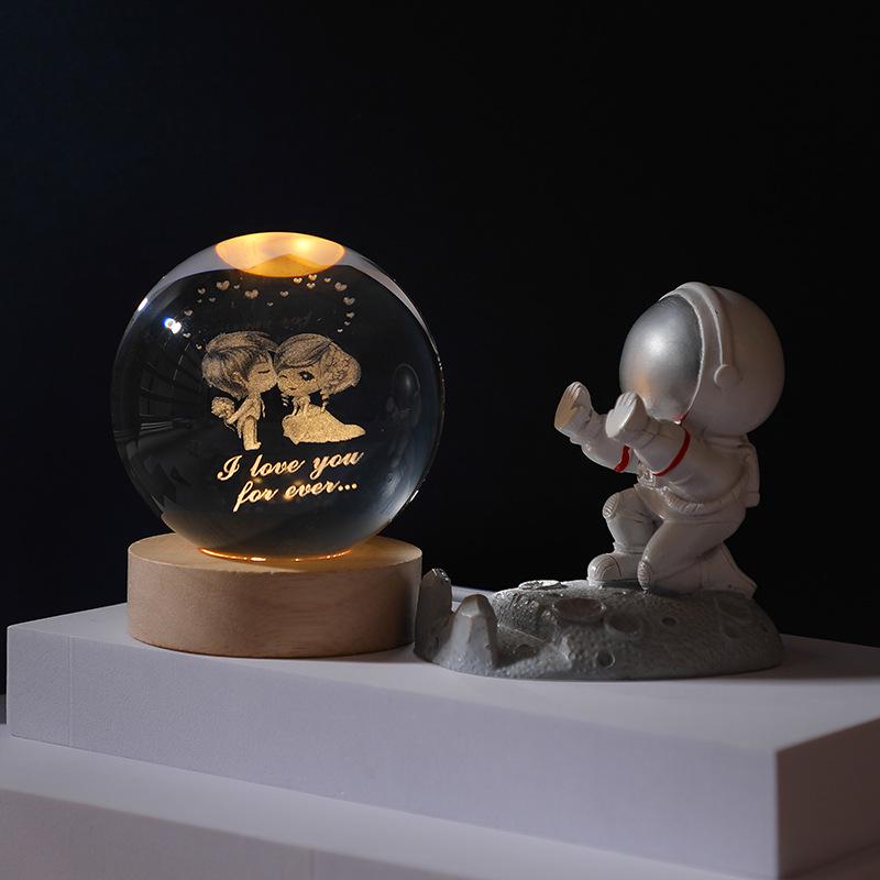 Remote Control Crystal Ball Night Light with Wooden Base – 3D Carving Luminous Glass Ornament, Perfect for Birthdays.