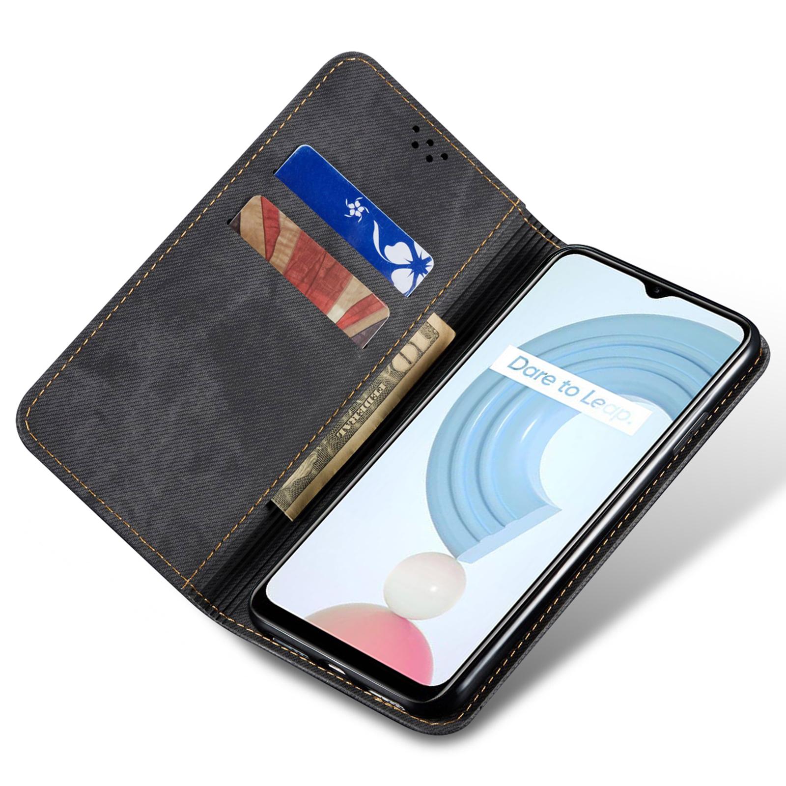 

For Realme C55 4G PU Leather Case Stand Wallet Jeans Cloth Texture Cell Phone Cover Black