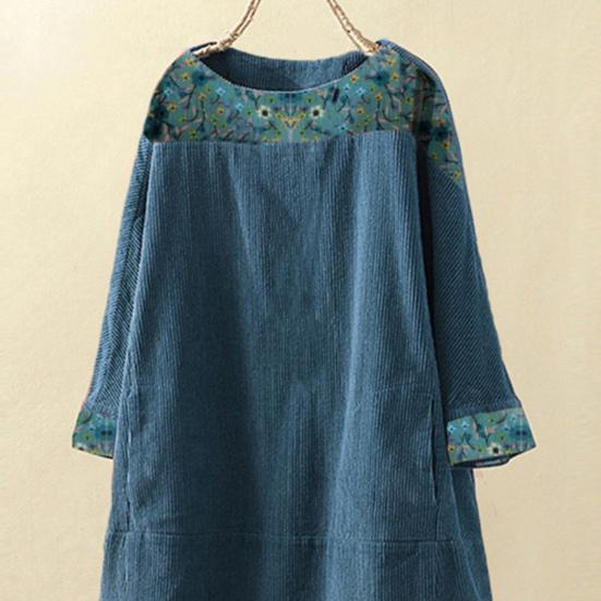 Dámské jarní šaty Velké velikosti Volný svetr Délka ke kolenům Kulatý výstřih Udržujte v teple Květinový potisk Patchwork Dámské šaty Dámský oděv