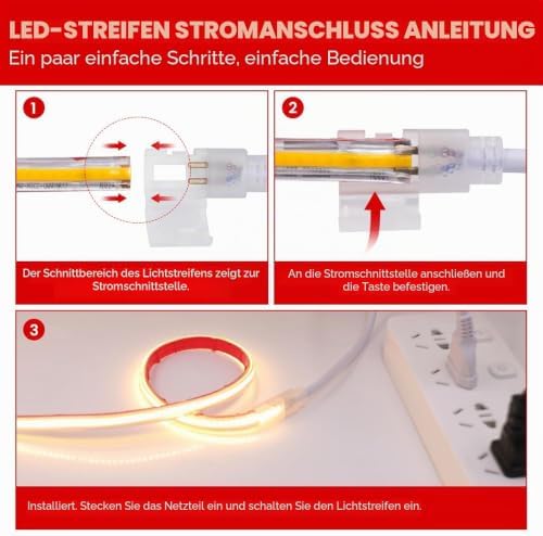 1m COB LED-Streifen Selbstklebend, 220V 288LEDs/M FCOB LED-Lichtleiste, Super Helles Warmweiß Flexibles COB LED-Band
