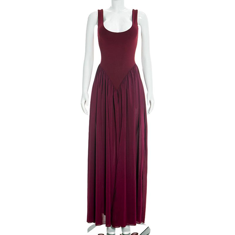 D26DS024 European & American Women s Square Neck Sleeveless Patchwork Chiffon Split Dress M