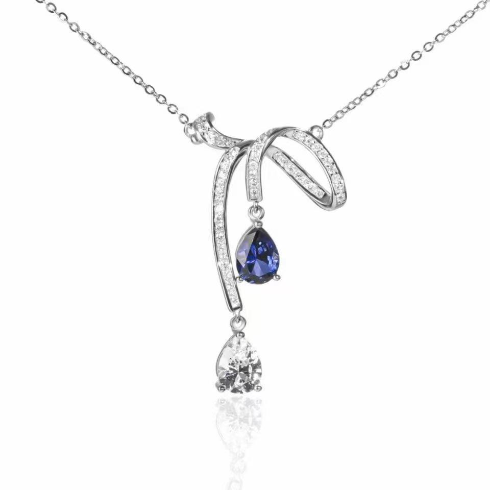 

Chao Xiaobai 925 Sterling Silver Aurora Ribbon Knot Tassel Drop Necklace for Women - Light Luxury & Fashionable Choker. синий/серебряный